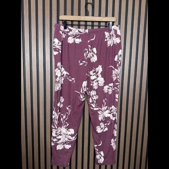 New Soma Pants Large Womens Inky Pink Floral Tassle Ankle Pull On Stretchy Comfy - Picture 2 of 9